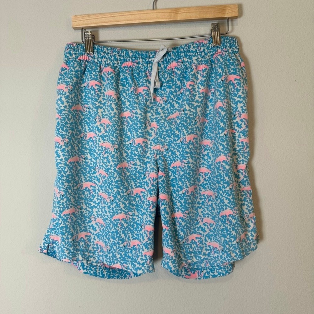 Chubbies Mens Flamingo Print Swim Trunks Blue Pink Lined Large 7" Inseam Retro